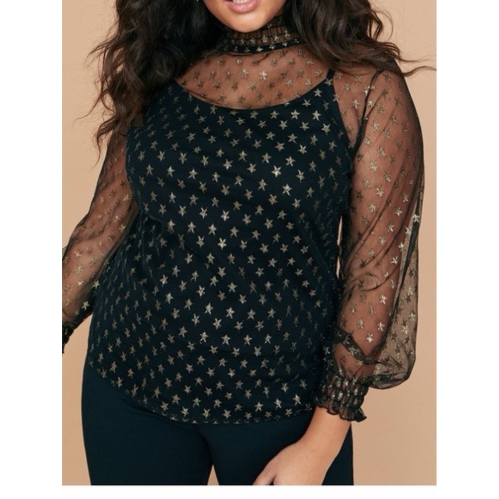 Lane Bryant Black Sheer Mesh Top with Gold Star Pattern
